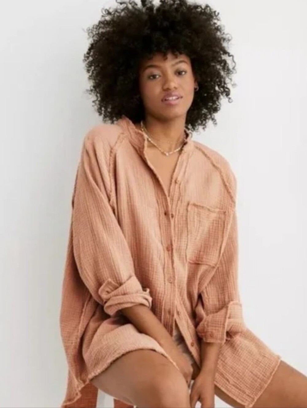 aerie Oversized Gauze Button-Up Shirt in Dusty Peach